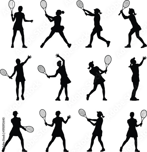 Collection of female tennis player silhouettes in dynamic action poses isolated on white background, sportswoman with racket vector illustration set for design use