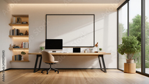 Fotografie Modern home office with wooden desk and chair by large window