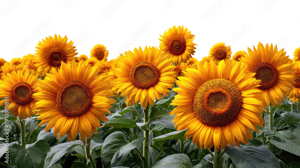 Fototapeta premium Fields of Sunshine: A vibrant field of sunflowers basks in the sunlight, creating a cheerful atmosphere, symbolizing joy and positivity.