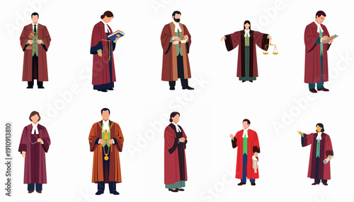 Diverse collection of judges and legal professionals in traditional robes, holding symbols of law and justice, isolated vector illustration set.
