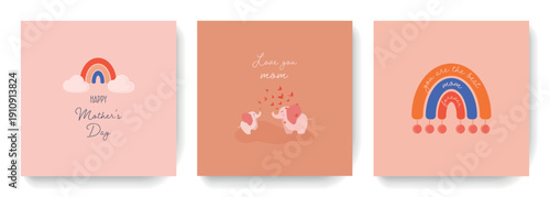 Adorable set of modern greeting cards for happy mother's day with cartoon flat style rainbaw, clouds, mommy and baby elephants and handwritten font.