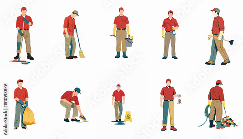 Professional cleaning service staff in various poses performing duties like mopping, sweeping, and maintenance with tools, isolated vector illustration set.