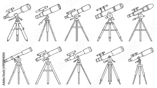 Complete vector set of unique telescope icons for astronomy, science, and exploration themes, clean design