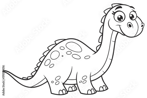 kids coloring page, brachiosaurus dinosaur, cartoon cute, gentle look, thick outlines, simple body shapes, black and white, no shading