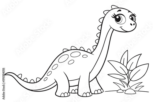 kids coloring page, brachiosaurus dinosaur, cartoon cute, gentle look, thick outlines, simple body shapes, black and white, no shading