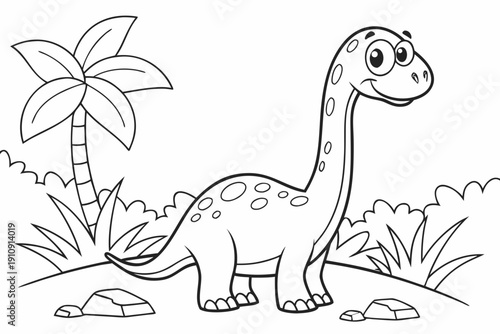 kids coloring page, brachiosaurus dinosaur, cartoon cute, gentle look, thick outlines, simple body shapes, black and white, no shading