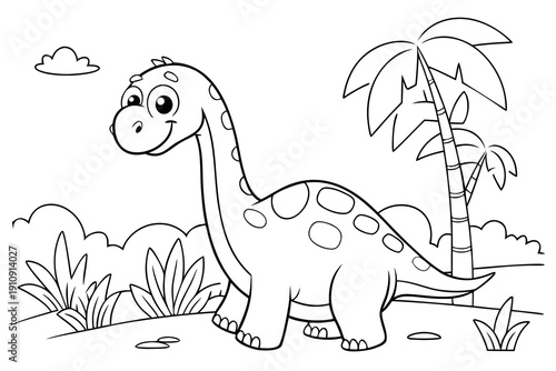 kids coloring page, brachiosaurus dinosaur, cartoon cute, gentle look, thick outlines, simple body shapes, black and white, no shading