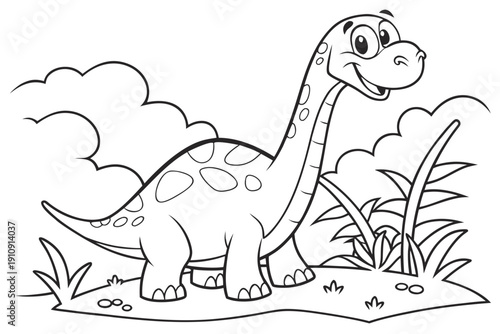 kids coloring page, brachiosaurus dinosaur, cartoon cute, gentle look, thick outlines, simple body shapes, black and white, no shading