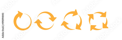 Flat vector illustration of circular arrow icons showing rotation, cycle process, refresh loop, continuous flow and recycling direction symbols for design