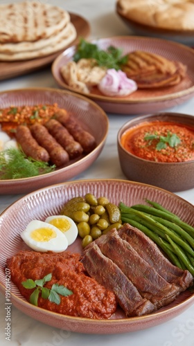 Close up of delicious traditional middle eastern breakfast spread. Healthy morning dishes with pita, hummus and sauce.