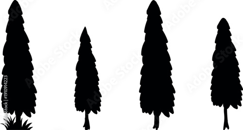 Tall Cypress Tree Silhouette Set Black Vector Isolated on White