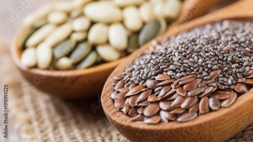 Superfood seeds in wooden spoons. Healthy chia, flax, pumpkin seeds mix. Nutrition ingredient for a balanced diet and wellness.