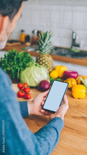 Man in blue sweater holding smartphone with blank screen in kitchen. Healthy cooking and meal preparation app concept. Recipe searching.