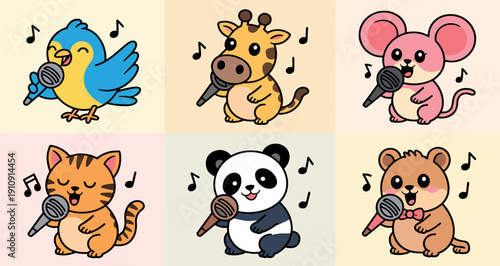 Cute singing animal vector collection featuring a bird giraffe mouse cat panda and bear with microphones and music notes.