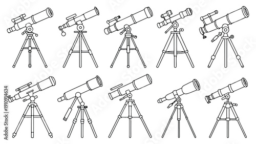 Modern telescope icon collection in line and solid style, creative astronomy symbols, minimal vector pack for education, research and discovery, simple shapes, scalable SVG.