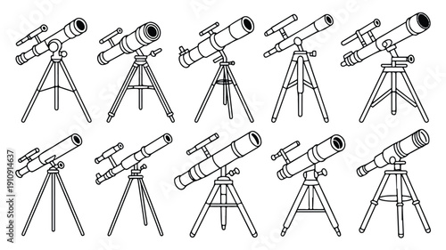 Complete vector set of unique telescope icons, clean and minimalist design for science and exploration