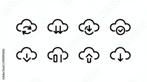 Set of 8 minimalist cloud computing icons, representing data storage, network, security, and digital technology concepts. Vector graphics.