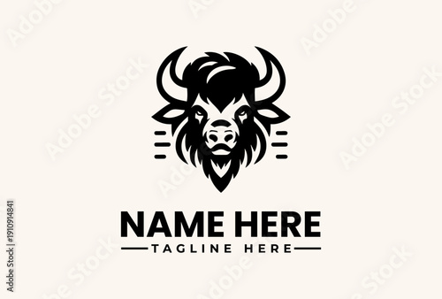 A stylized illustration of a bison's head with horns and a beard, accompanied by a customizable name and tagline on a clean background, featuring a logo, vector, illustration, icon,