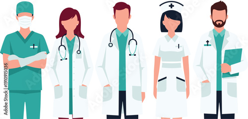 Flat vector illustration of professional medical team featuring doctors and nurses standing together isolated on white background for healthcare and hospital staff concept.