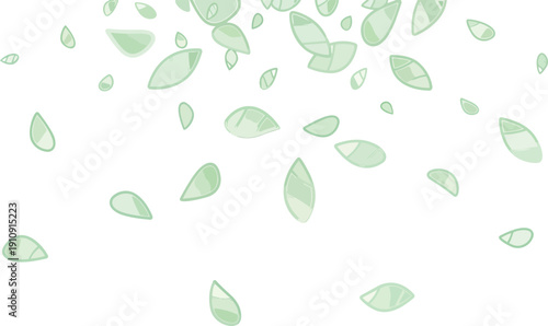 Scattered Green Leaves on White Background.