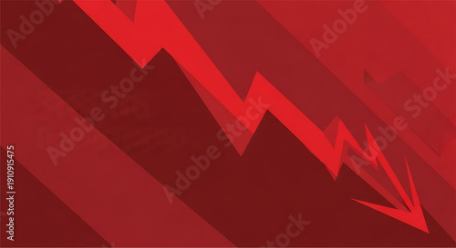 Red zigzag downward arrow chart representing financial crisis and market decline on a deep red background