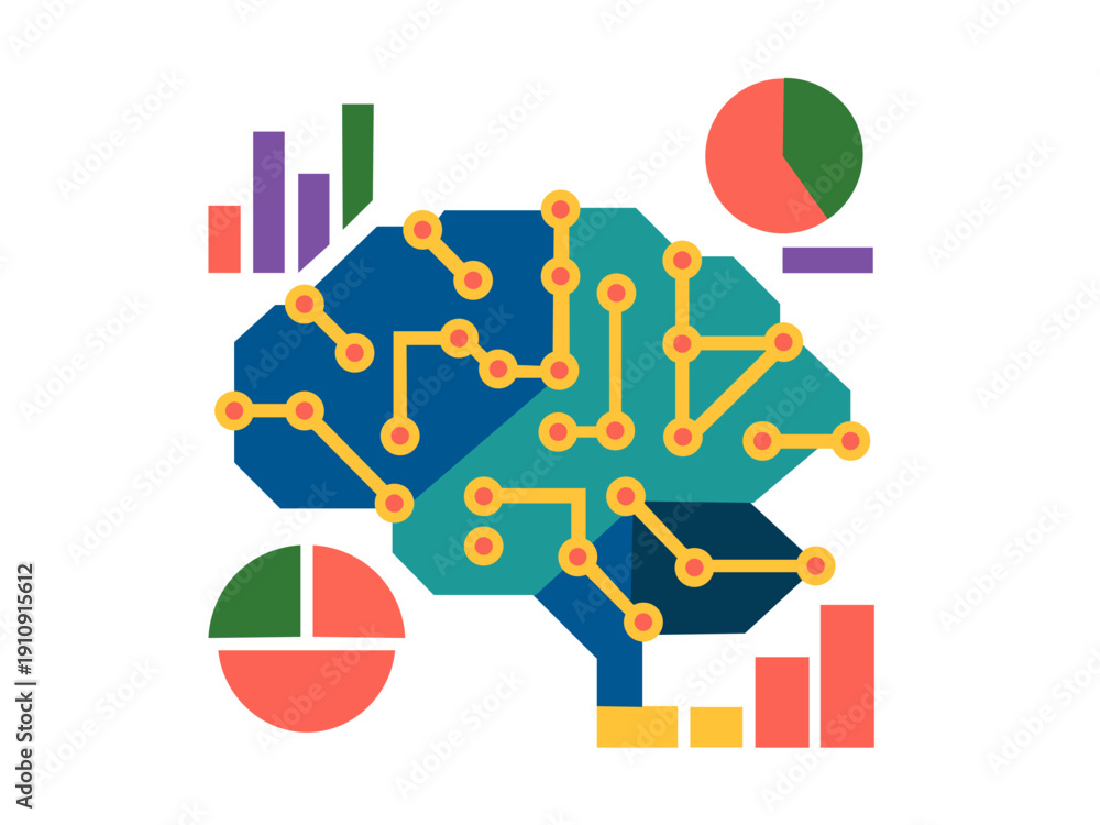 Obraz premium Artificial Intelligence Brain with Data Analytics Charts – Machine Learning Vector Illustration