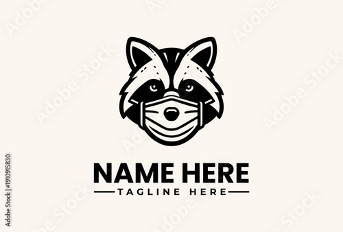 Black and white illustration of a raccoon wearing a face mask with a placeholder name and tagline on a beige background.