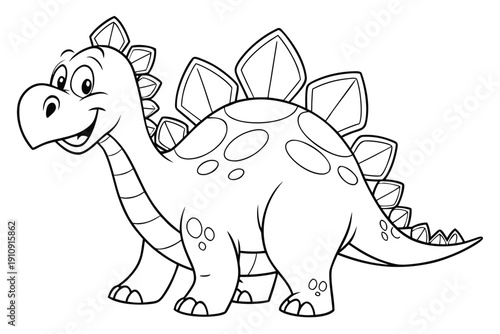 kids coloring page, stegosaurus dinosaur, adorable style, smiling expression, bold clean outlines, minimal detail, line art only, no color