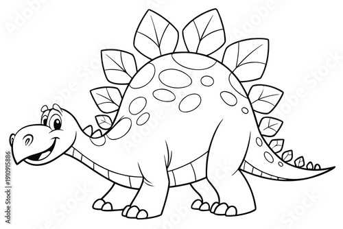 kids coloring page, stegosaurus dinosaur, adorable style, smiling expression, bold clean outlines, minimal detail, line art only, no color