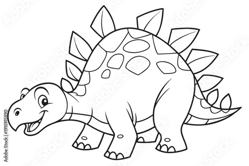 kids coloring page, stegosaurus dinosaur, adorable style, smiling expression, bold clean outlines, minimal detail, line art only, no color