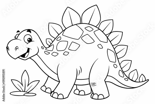 kids coloring page, stegosaurus dinosaur, adorable style, smiling expression, bold clean outlines, minimal detail, line art only, no color