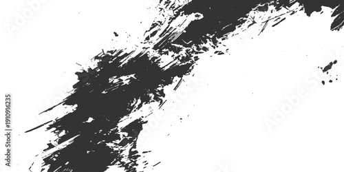 An abstract black ink splat creates a dark grunge paint texture with spray splashes and a dirty liquid splatter pattern on a paper element border