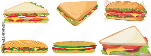 Sandwich variety cartoon set. Sub, club and grilled sandwiches with cheese, ham and fresh vegetables. Flat fast food vector illustration isolated.