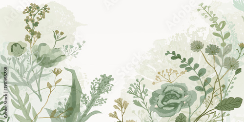 Green grass with flowers and a spring floral frame illustration featuring a nature border design of leaves and branches in an elegant summer plant ornament pattern