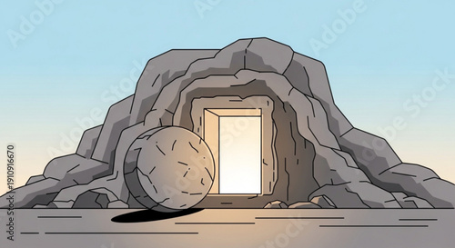 Empty tomb with rolling stone representing resurrection and new beginnings isolated on a light blue sky background