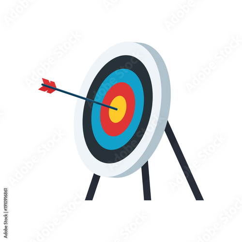 A business concept of a red arrow hitting the center bullseye of a target for archery accuracy and goal success in a competition game