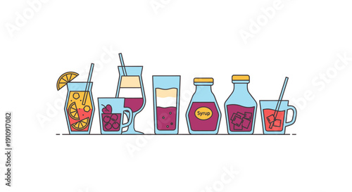 Ramadan Traditional Drinks and Fruit Syrup Bottles Vector Illustration Set