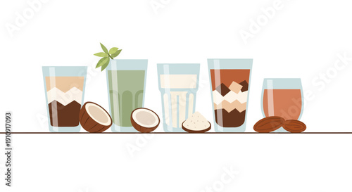 Traditional Ramadan Healthy Drinks with Coconut and Dates Vector Illustration