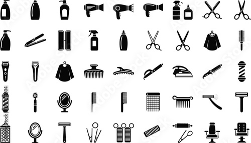 Solid Barber Shop Icon Set with Haircut Tools Clippers Scissors Razors Hairdryers and Salon Equipment Silhouette Vector Collection