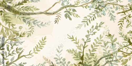 Seamless nature background with green bamboo leaves on a branch and floral ornaments in a vintage vector illustration pattern for elegant spring wallpaper design