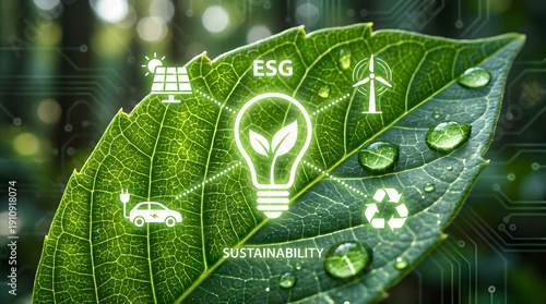 Green energy and ESG sustainability concept with light bulb icon on green leaf background.