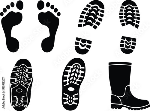 Vector illustration of diverse footwear silhouettes, human footprints, boot prints, and shoe tread designs for creative design, branding, and decoration