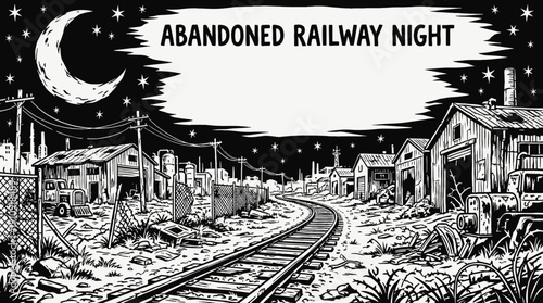 night abandoned factory landscape with bright moon and visible black and white vector stars over industrial skyline horizon showing celestial astronomy galaxy environment