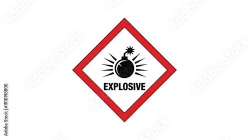 explosive hazard warning sign with exploding bomb symbol inside red diamond isolated on white background dangerous material safety label