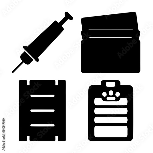 Medical and veterinary care icons with syringe, medicine box, document, and pet health clipboard