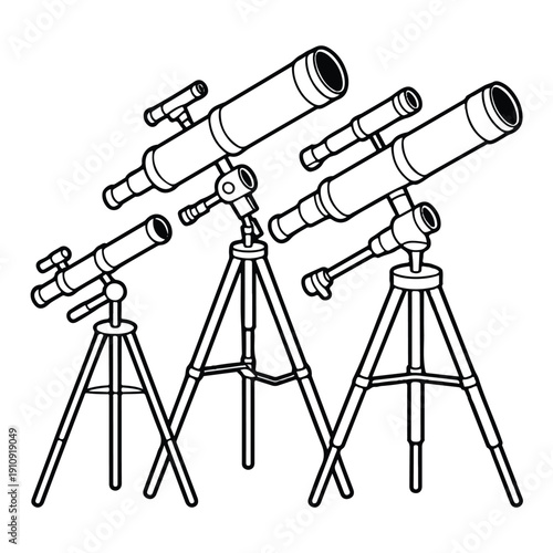 Set of various telescopes mounted on tripods, astronomical equipment, stargazing tools, scientific instruments, detailed vector illustration.