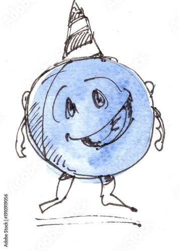 A cartoon character hand drawn in pen and ink on a white background.