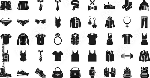 Solid Fashion Icon Set with Clothing Accessories Shoes Bags Jewelry and Casual Wear Silhouette Vector Collection for Retail and Apparel Design