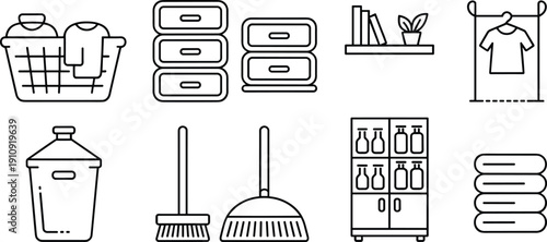 Home organization and cleaning outline icons set including laundry storage shelf clothing rack broom cabinet towels minimal vector design