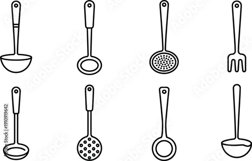 Kitchen utensil outline icons set including ladle spoon skimmer fork strainer cooking tools clean minimal vector collection for culinary design